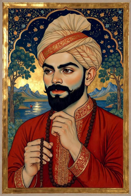 Portrait of a bearded man in a cream turban and red traditional attire with mala beads, set again...