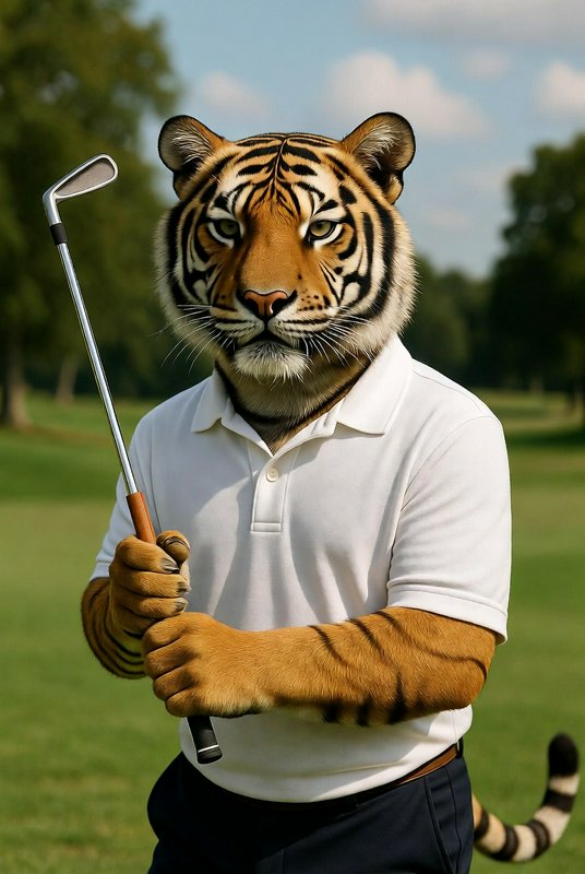Tiger in a white polo shirt holding a golf club on a sunny golf course.