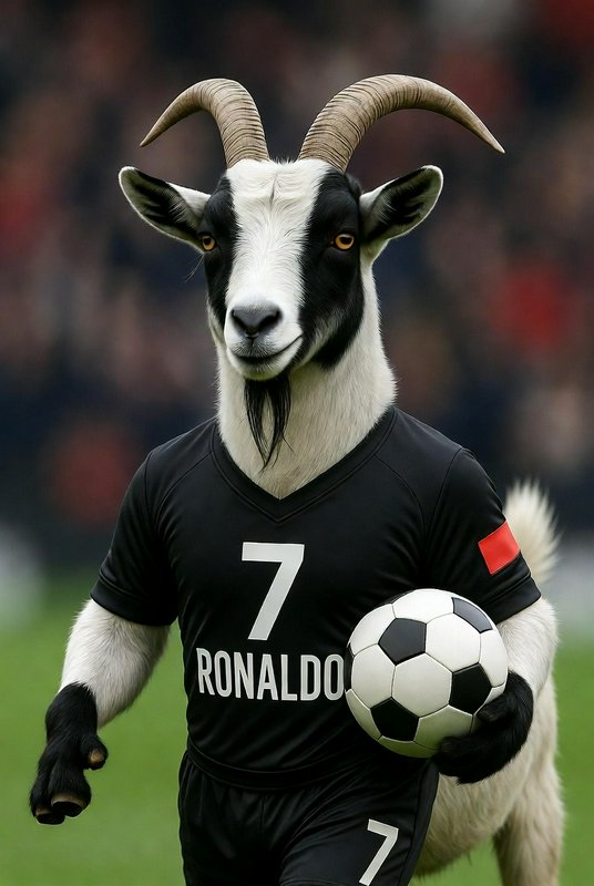 Goat wearing a black Ronaldo #7 soccer jersey and holding a football on a field.