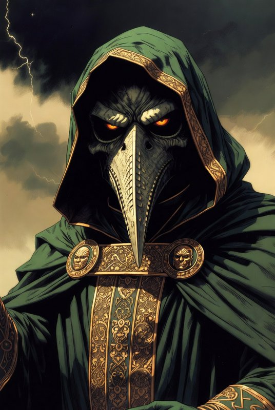 Dark hooded plague doctor with a beaked mask and ornate gold-trimmed cloak.
