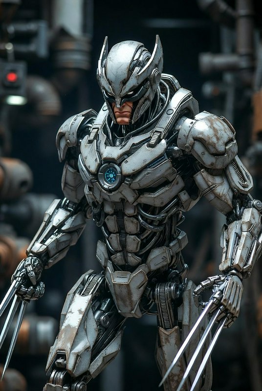 Futuristic silver armored robot with retractable blades and blue chest glow.