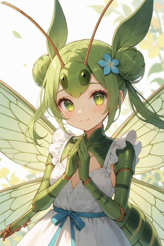 Anime-style green insect girl with wings, antennae, and a blue flower in her hair.