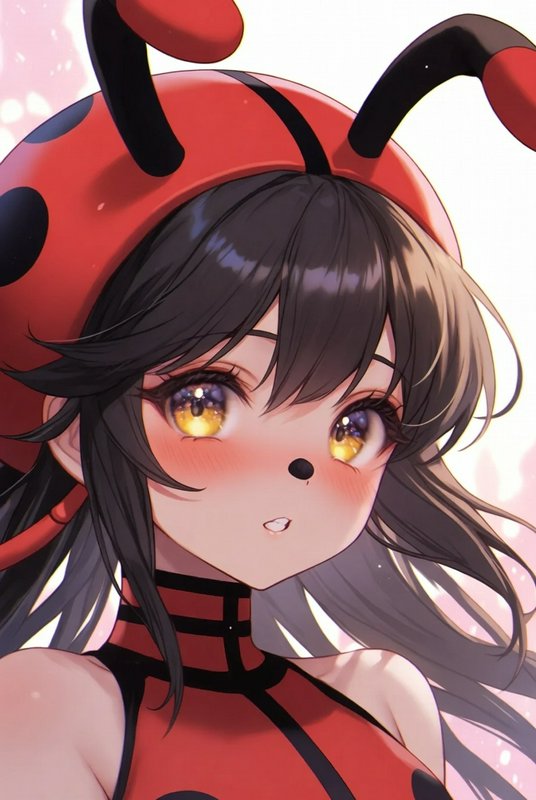 Anime-style girl with red ladybug hat, golden eyes, and flowing dark hair.
