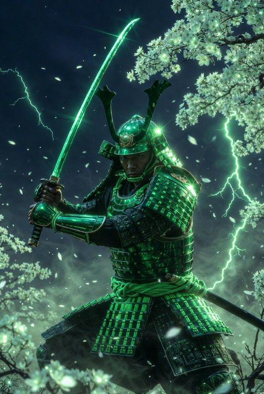 Green-armored samurai with glowing katana amid stormy blossoms and lightning
