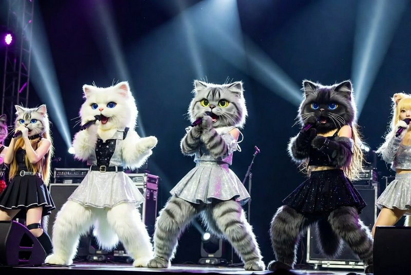 Group of performers in realistic cat costumes singing on stage.