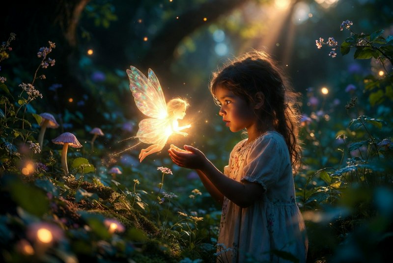 A young girl in a forest releasing a glowing, translucent fairy light.