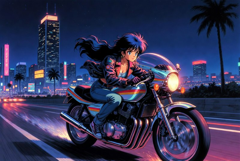 Anime-style woman rides a chrome motorcycle through a neon-lit city at night.