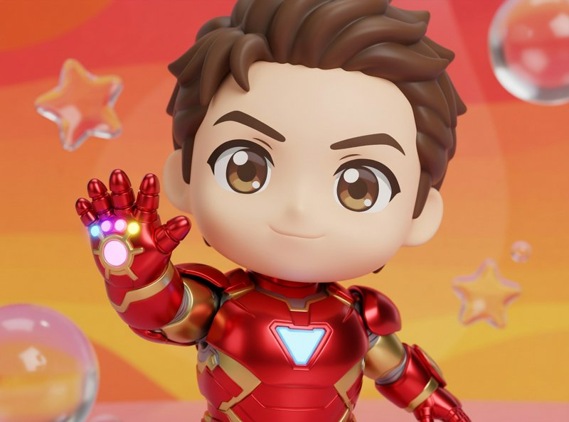 Chibi Iron Man toy figure with glowing arc reactor and raised hand against an orange gradient bac...