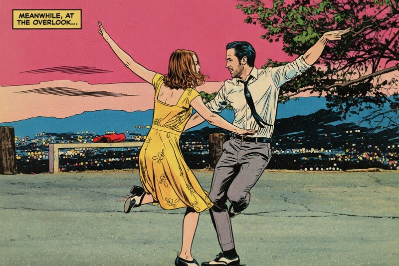 Couple dancing at a scenic overlook during sunset in a vintage comic panel.