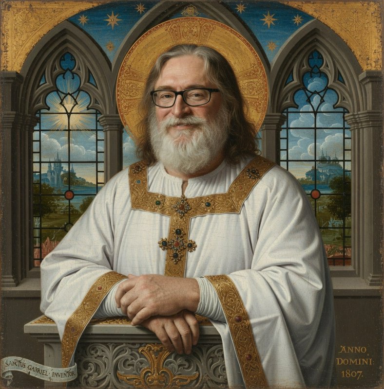 Portrait of a bearded priest in white and gold vestments with a halo, standing before gothic arch...