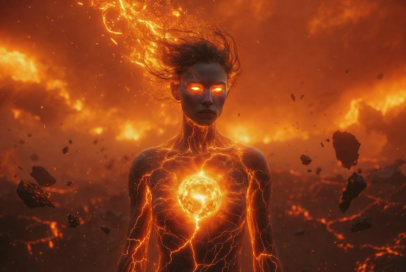Female humanoid figure formed from molten lava with glowing eyes and a radiant molten core.