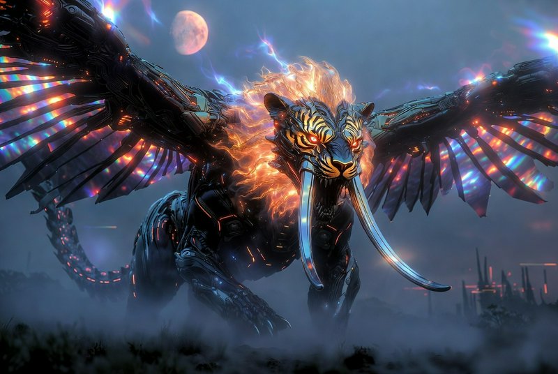 A fierce, cybernetic winged tiger creature with glowing eyes, flaming mane, and oversized tusks i...