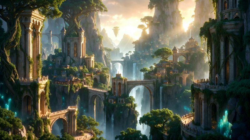Fantasy city carved into cliffside arches with bridges, waterfalls, and lush greenery