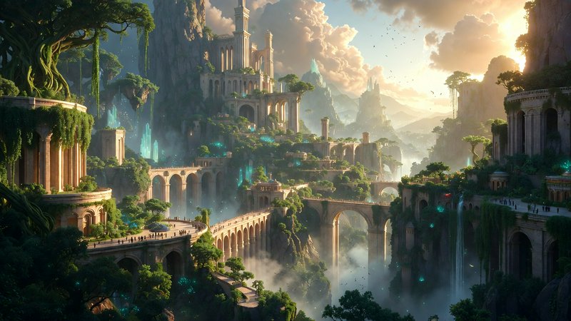 Fantastical ancient city perched on cliffs with arches, bridges, and lush greenery bathed in gold...