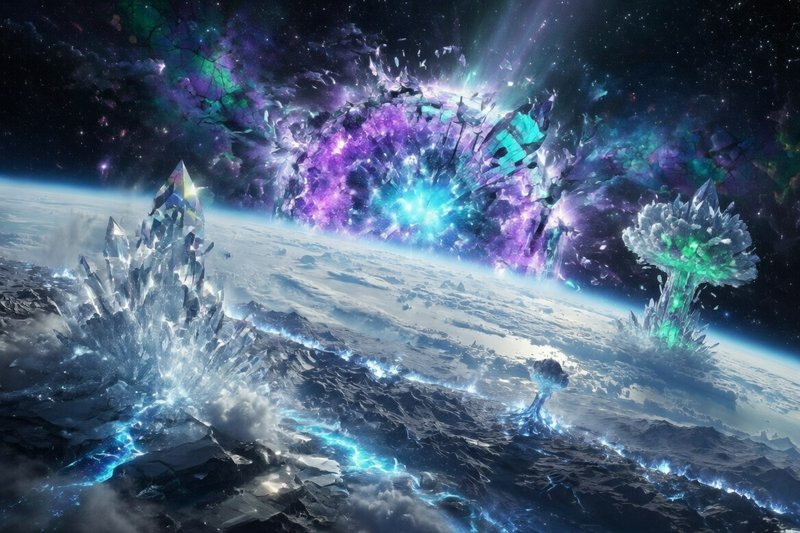 A vivid sci-fi scene of a crystal-dusted planetary surface with neon explosions and glowing auror...