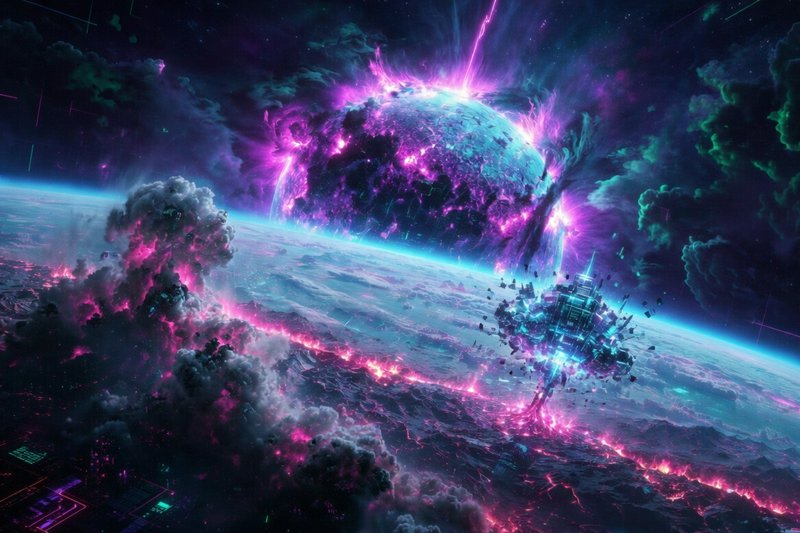 Planetary explosion with neon pink and cyan energy over a dark, starry space scene.