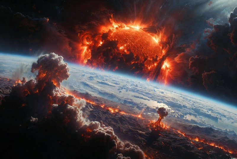 Earth-like planet’s horizon with a colossal solar eruption above, fiery plasma and volcanic lava ...