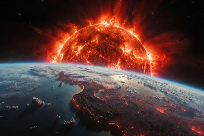 Earth from space with a massive fiery sun eruption behind, dramatic red-orange glow.