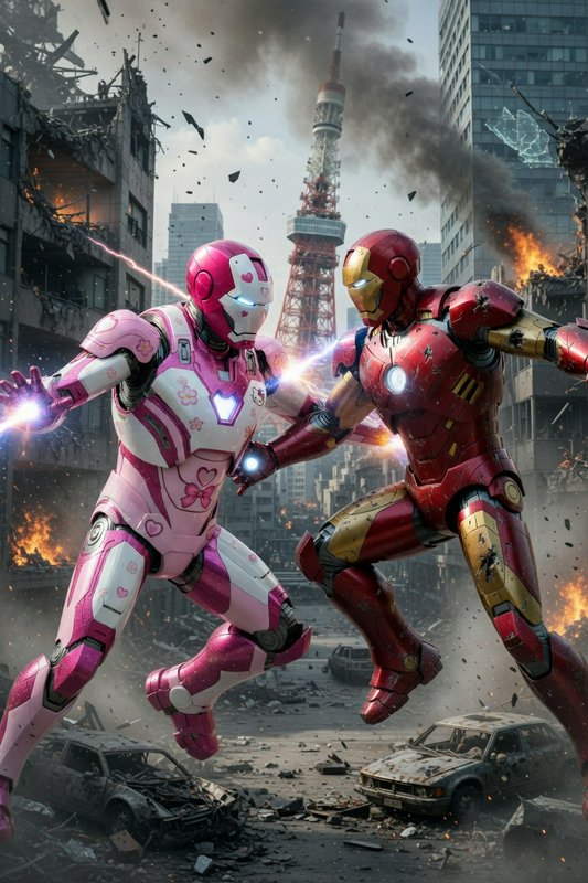 Two armored superheroes clash in a ruined city street with a tower in the background.