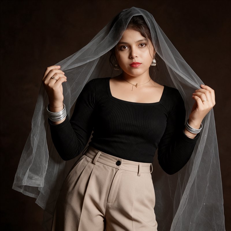 Young South Asian woman holding a sheer grey veil over her head in a studio portrait