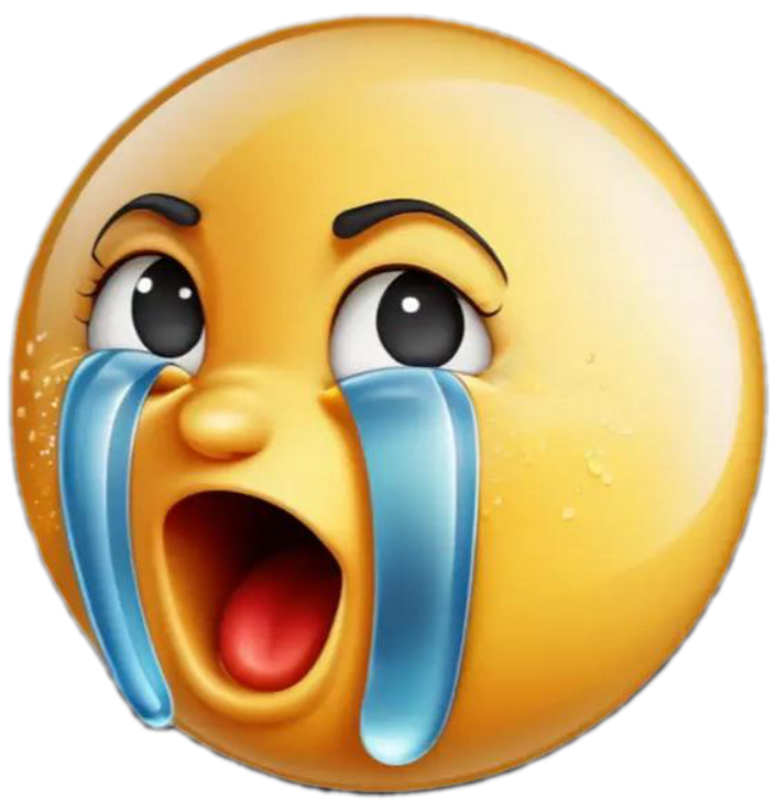 Glossy yellow crying face emoji with large blue tears streaming from wide upset eyes