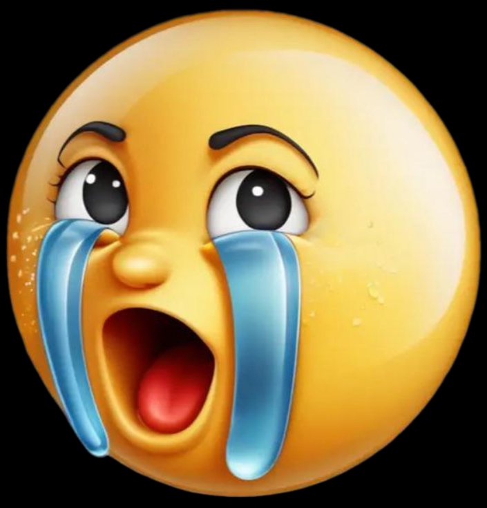 Glossy yellow crying face emoji with large blue tears streaming from wide upset eyes