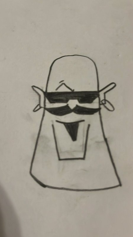 Hand drawn doodle of a bald smirking cartoon man wearing sunglasses, mustache and goatee