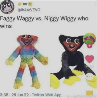 Screenshot of a viral Twitter meme pitting two custom edited Huggy Wuggy plush characters against...