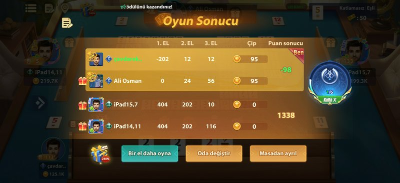 Turkish multiplayer mobile card game match results screen showing player scores and post-game act...