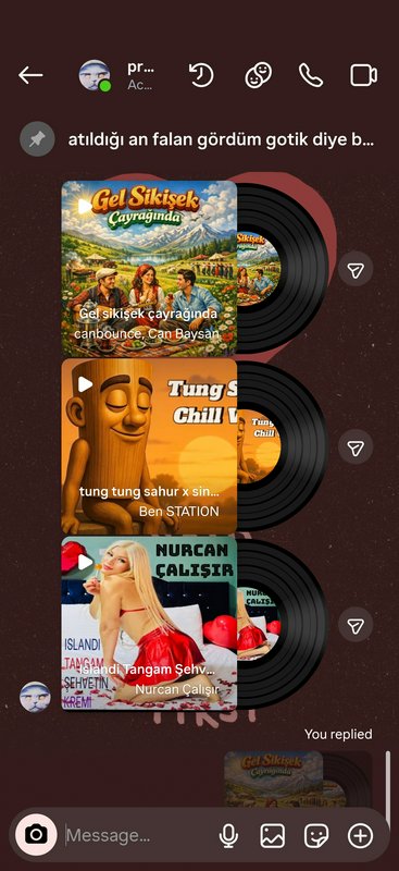 Screenshot of a mobile chat window showing three shared Turkish viral meme song previews styled a...