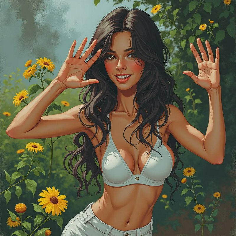 Smiling woman with long wavy dark hair raises both hands playfully in a sunlit wildflower meadow