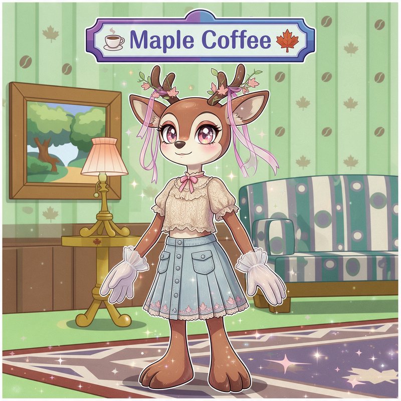 Kawaii anime anthropomorphic deer girl with floral antlers, featured in a cozy Maple Coffee themed cottage living room