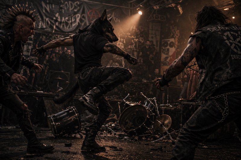 Person in a wolf head mask moshes with punk fans on a chaotic destroyed concert stage