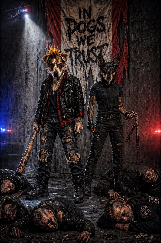 Anthropomorphic dog-headed punks stand victorious over fallen foes beneath an In Dogs We Trust ba...