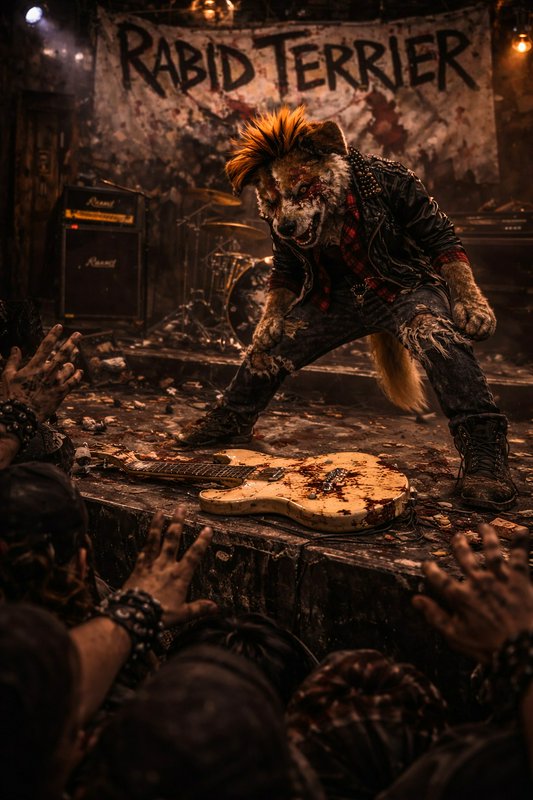 Anthropomorphic punk dog performer stands on a grimy concert stage over a smashed guitar as fans ...
