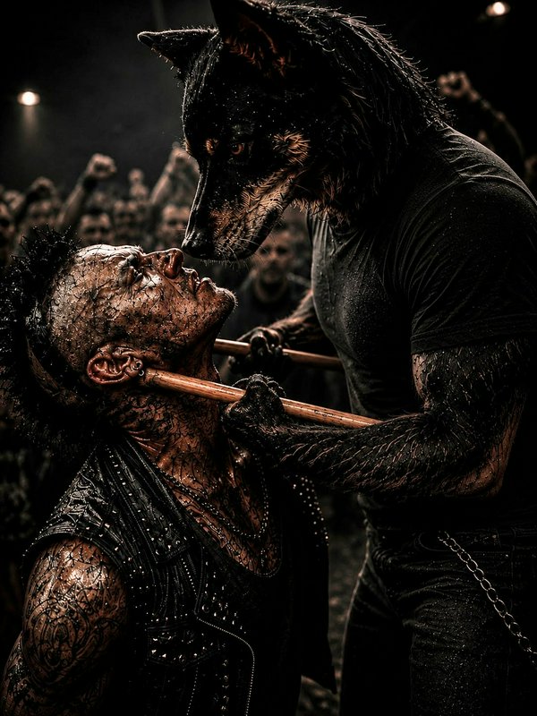 Towering werewolf holds a stick to a sweaty tattooed fighter's throat in a dark underground fight...