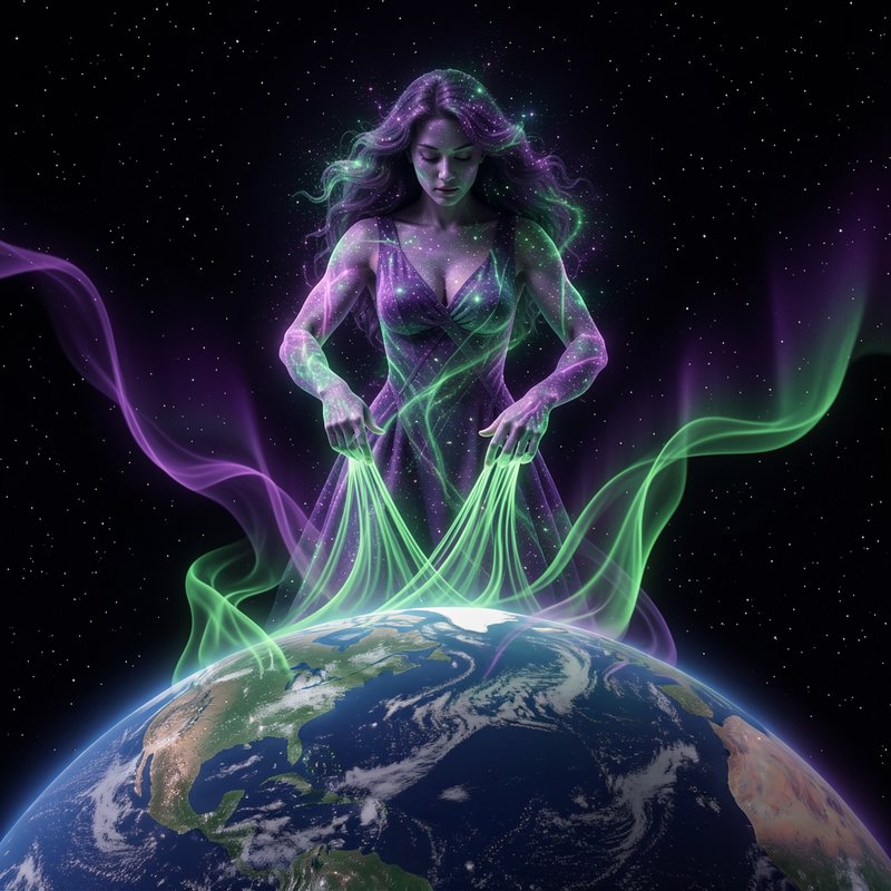 Ethereal cosmic goddess weaves glowing magic threads over planet Earth in starry outer space