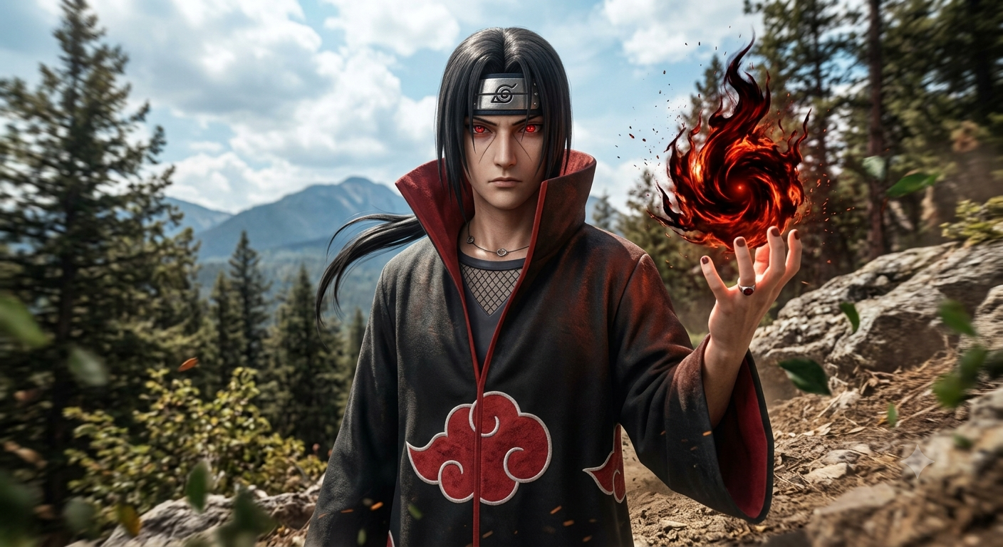 Hyperrealistic Uchiha Itachi wields a fire jutsu orb while standing in a sunlit mountain pine forest.