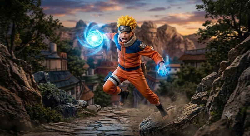 Naruto Uzumaki leaps forward wielding glowing blue Rasengan above the Hidden Leaf Village at sunset