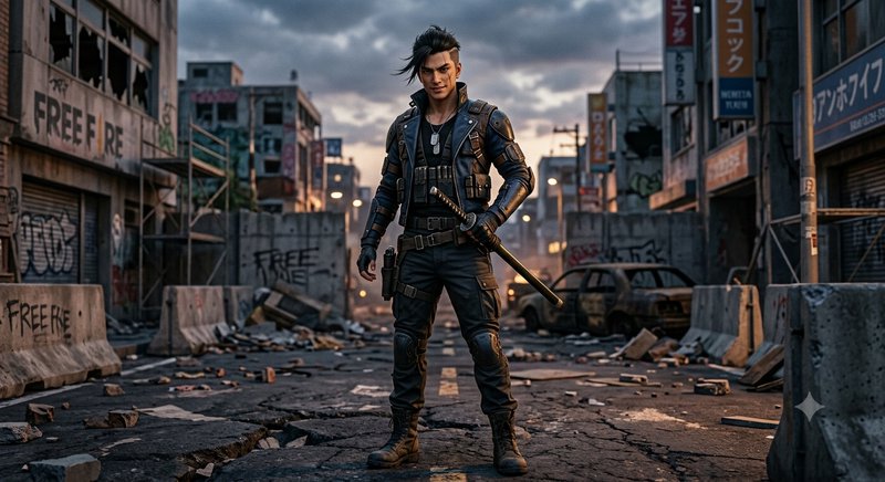 Tactical swordsman stands holding a katana in a rubble-strewn post-apocalyptic city street at dusk