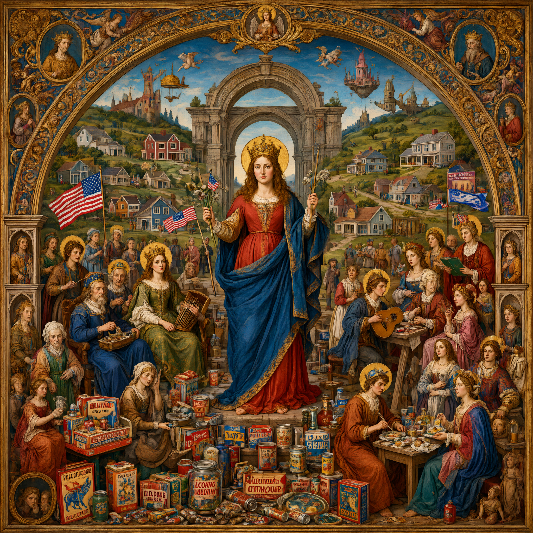 Ornate renaissance-style painting of a crowned central holy figure surrounded by consumer goods, suburban homes, and US flags