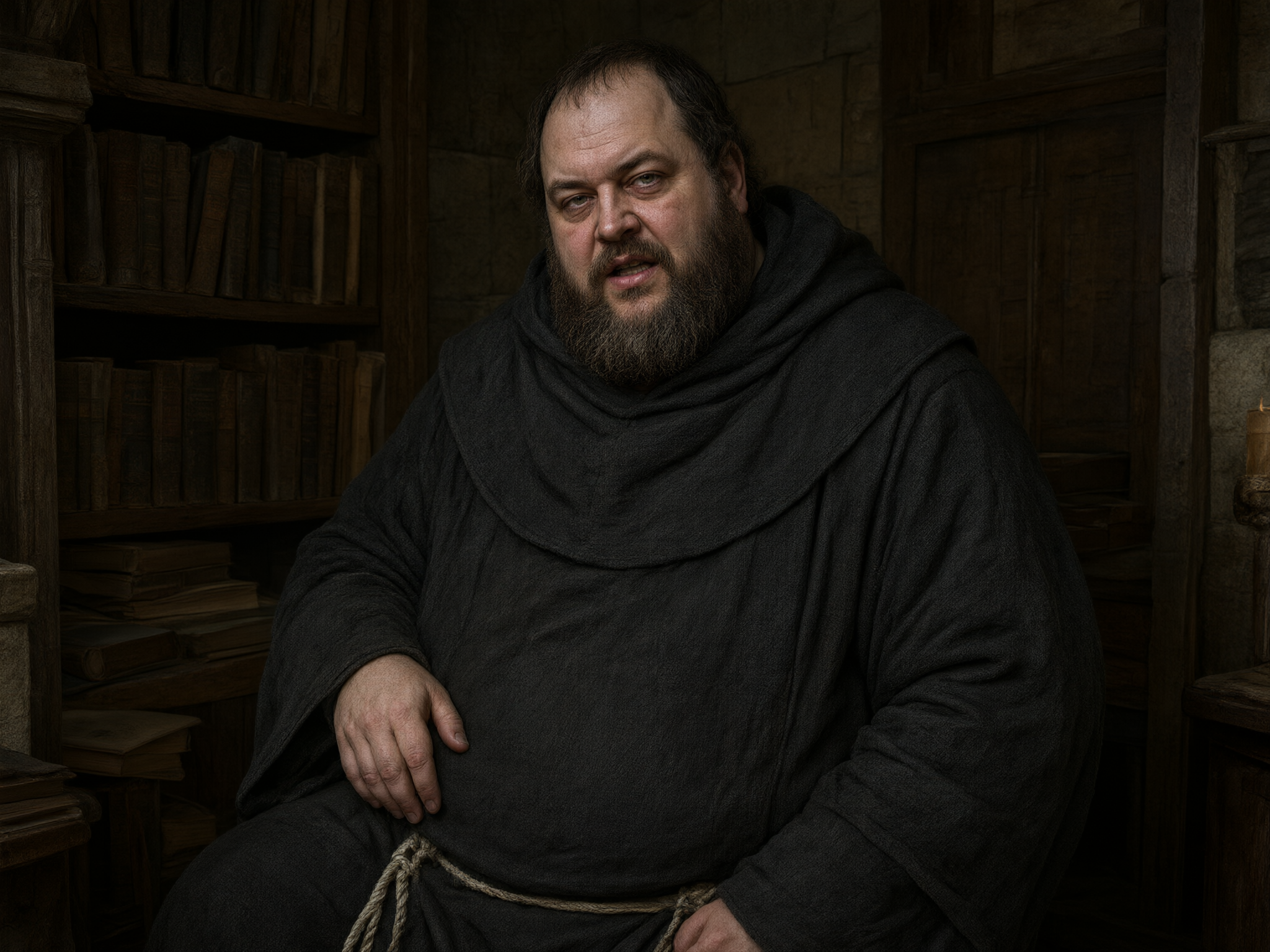 Bearded medieval monk in a dark wool robe seated in a dim stone library lined with old antique books
