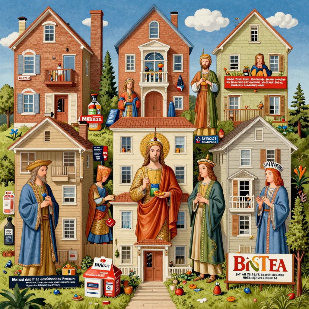 Surreal folk illustration of haloed religious figures standing before stacked suburban houses