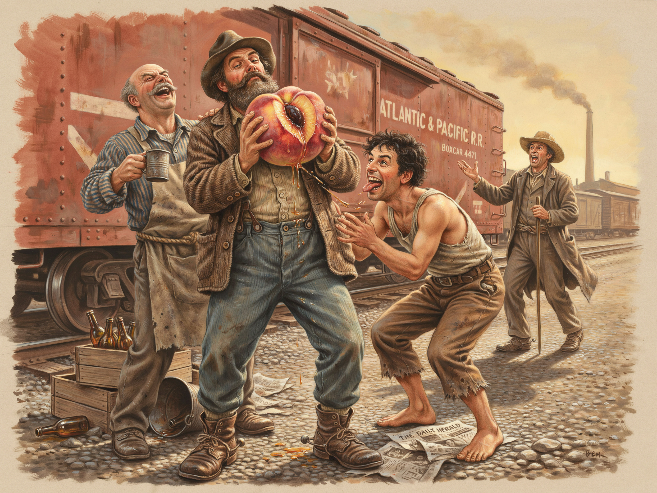 Group of vintage railyard workers react to a man eating an oversized ripe peach beside a railroad boxcar