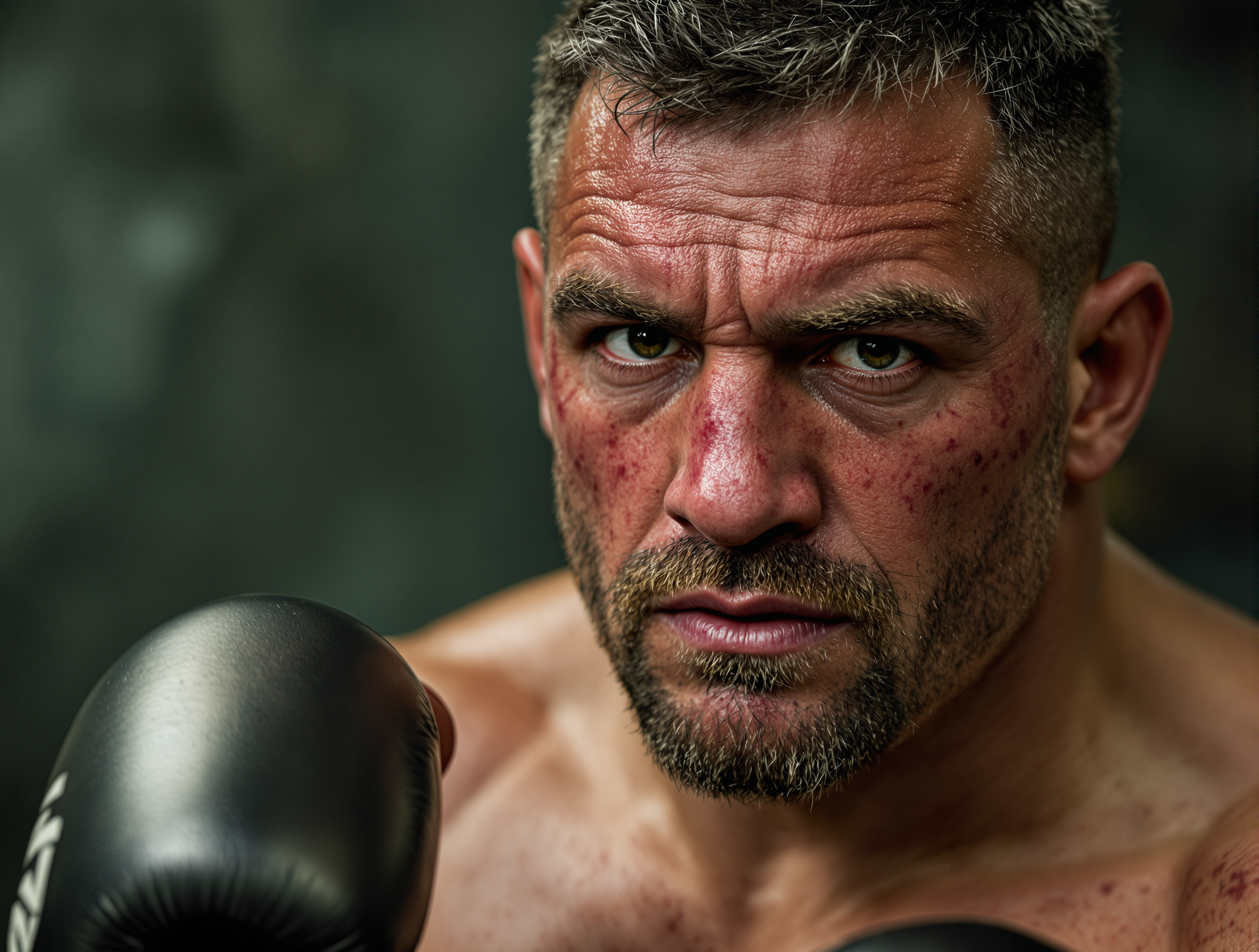 Close-up of a bruised, intense veteran boxer holding a black boxing glove in fighting guard