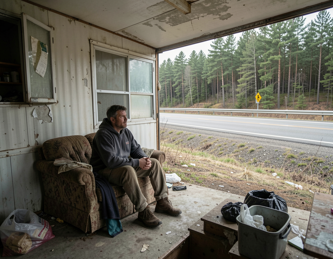 Pensive man sits on a worn couch inside a run-down mobile home overlooking a forested rural highway