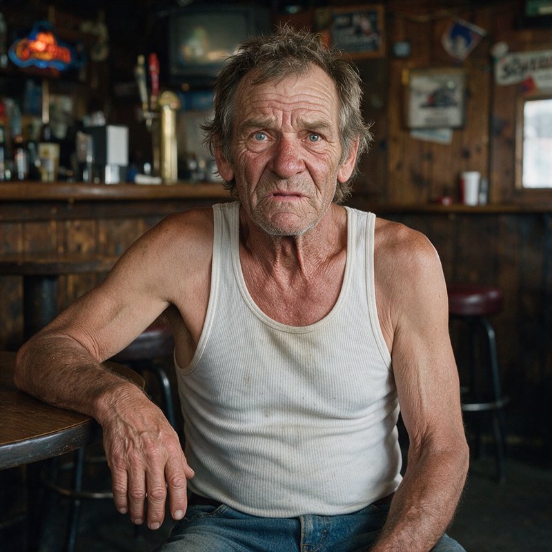 Elderly weathered man in a white tank top sits at a table inside a rustic dive bar looking at the...