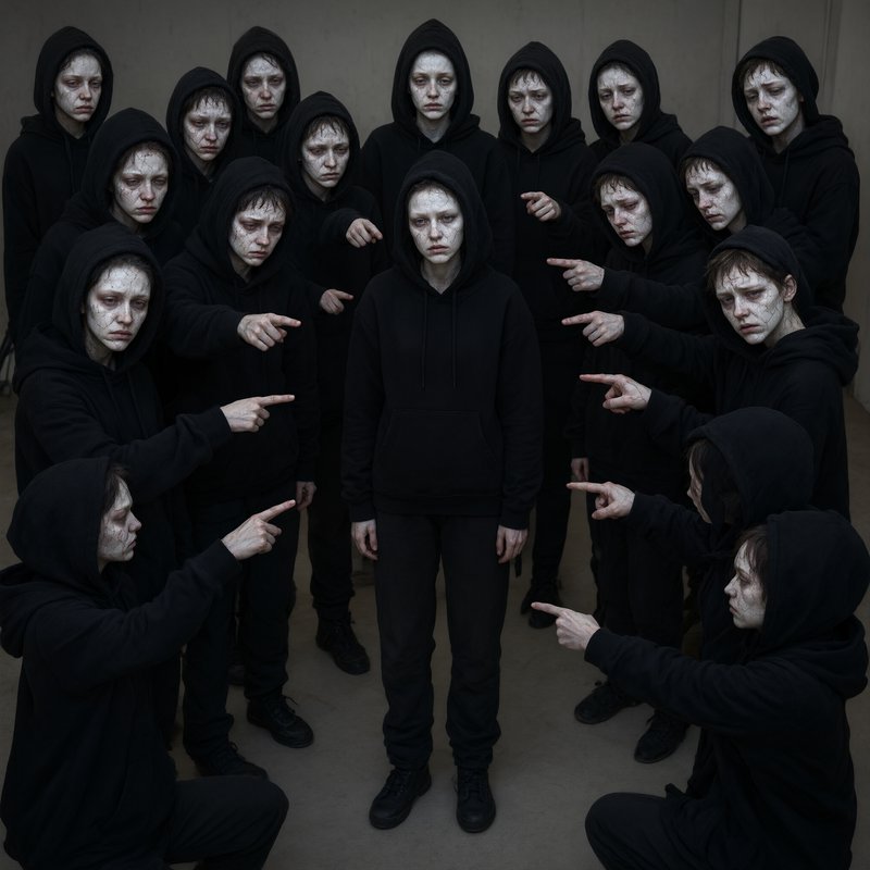 A circle of hooded figures in black all point accusingly at a lone central standing person