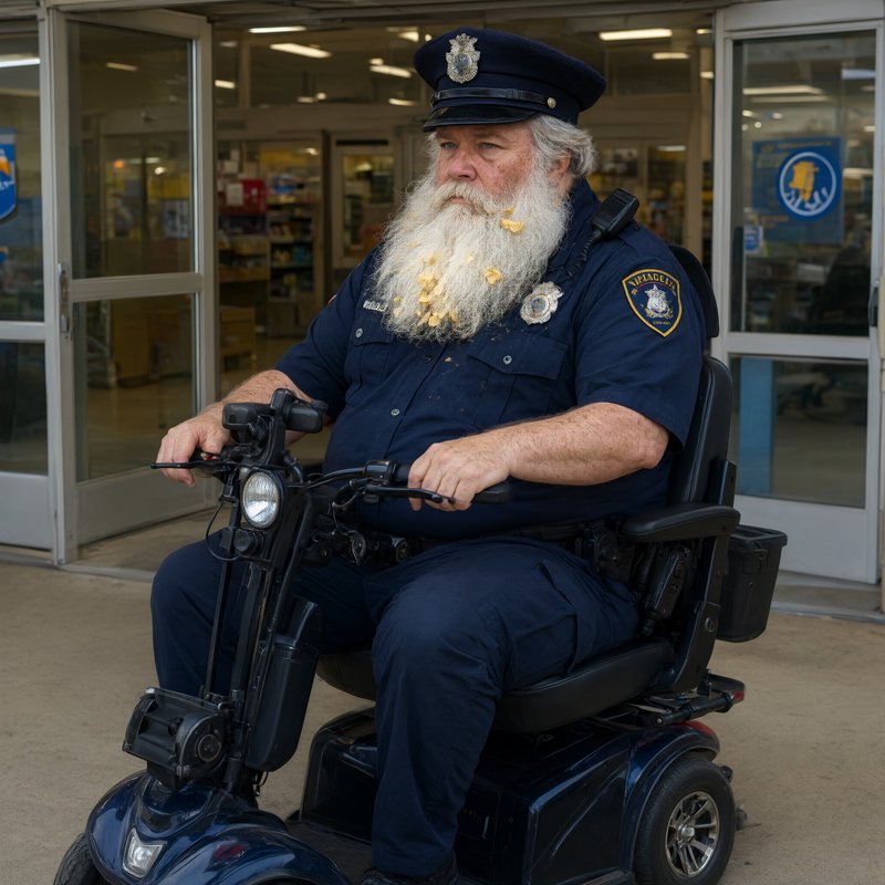 Older uniformed police officer with cheese crumbs in his long white beard riding a mobility scoot...