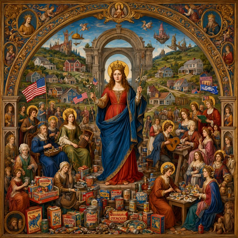 Ornate renaissance-style painting of a crowned central holy figure surrounded by consumer goods, ...